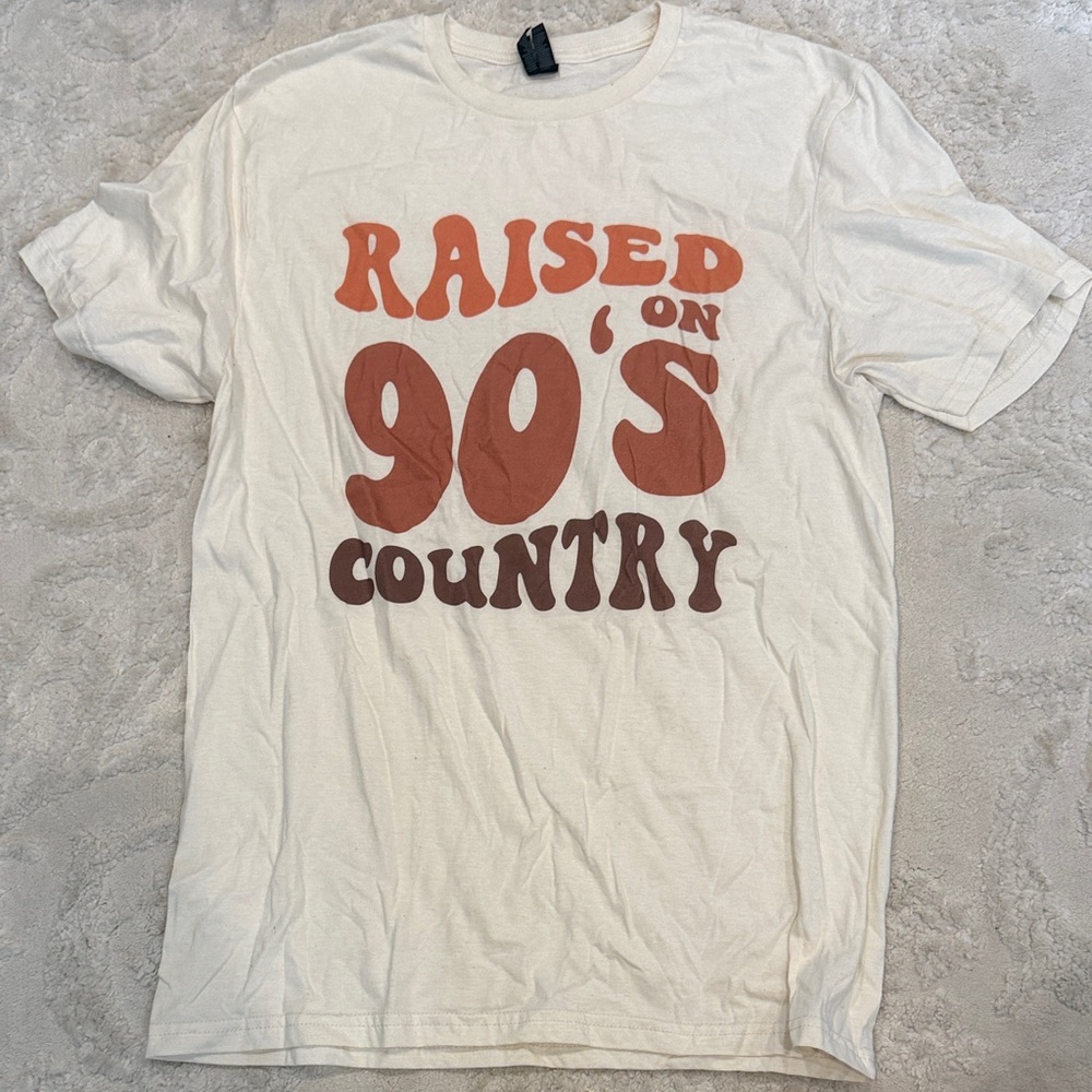 Gildan Cream Tee with Rust and Brown 'Raised on 90's Country' Graphic